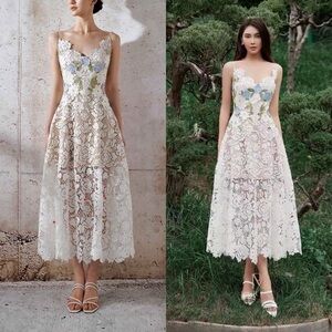 Montsand Lobbster Roses Lace Midi Dress Appliqué Floral White Medium NWT